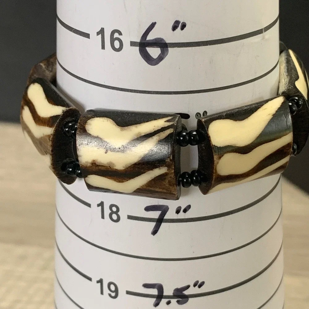 Batik Bone Bead Toggle Bracelet Zebra Stripe Tribal Boho Brown Cream 6.5